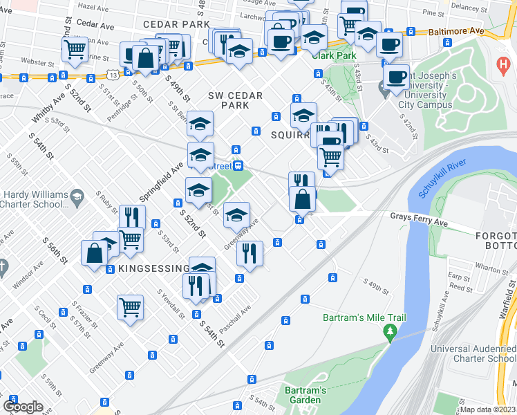 map of restaurants, bars, coffee shops, grocery stores, and more near 1254 South Saint Bernard Street in Philadelphia