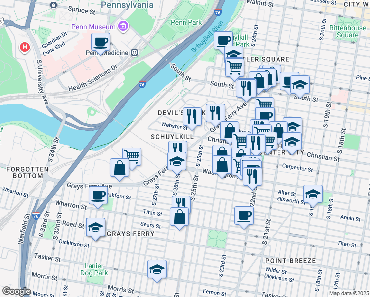 map of restaurants, bars, coffee shops, grocery stores, and more near 2555 Carpenter Street in Philadelphia