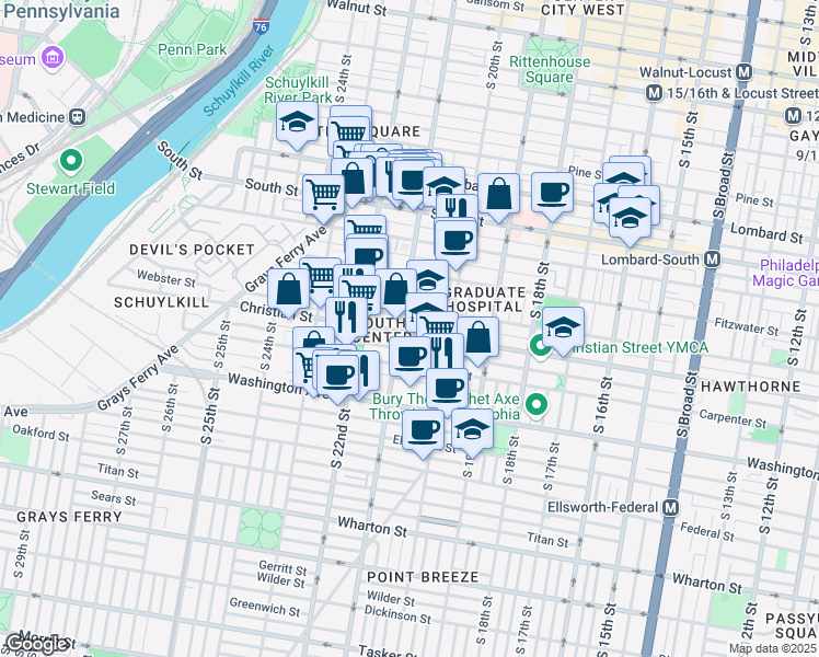 map of restaurants, bars, coffee shops, grocery stores, and more near 2045 Christian Street in Philadelphia