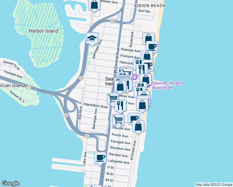 map of restaurants, bars, coffee shops, grocery stores, and more near 717 Ocean Boulevard in Seaside Heights