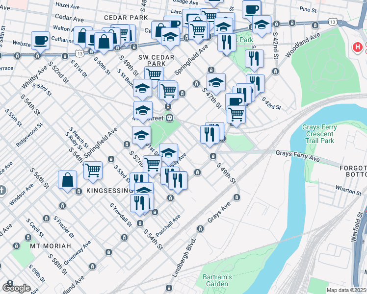 map of restaurants, bars, coffee shops, grocery stores, and more near 1254 South Saint Bernard Street in Philadelphia