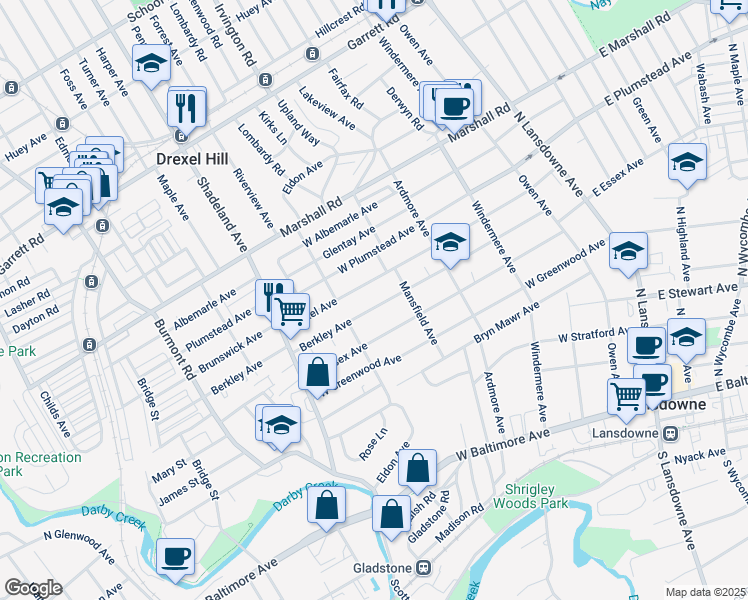 map of restaurants, bars, coffee shops, grocery stores, and more near 195 Berkley Ave in Lansdowne