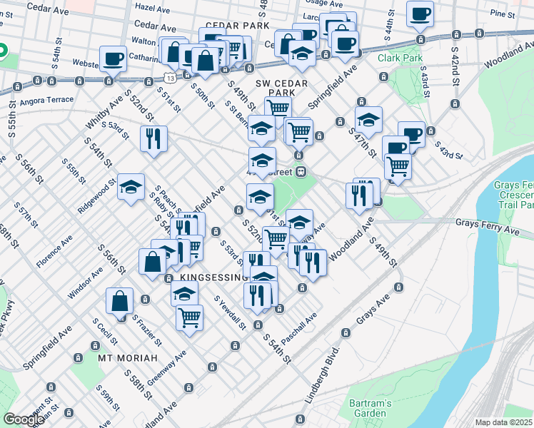 map of restaurants, bars, coffee shops, grocery stores, and more near 1230 South 51st Street in Philadelphia