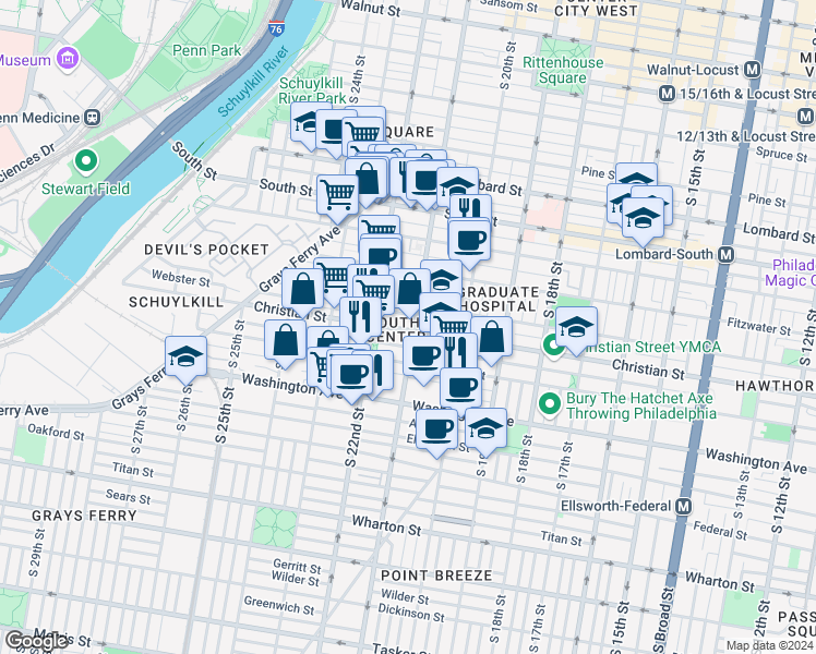 map of restaurants, bars, coffee shops, grocery stores, and more near 2105 Christian Street in Philadelphia