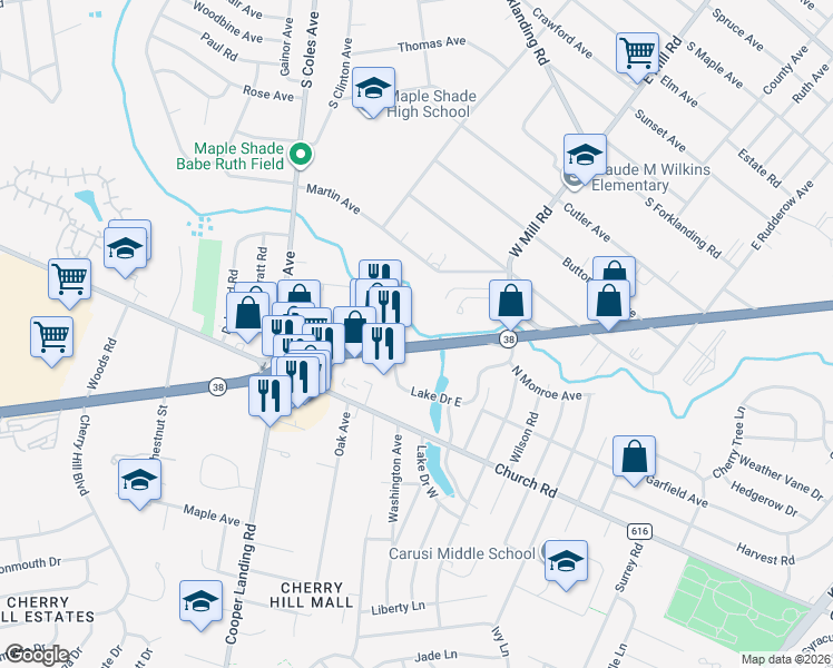 map of restaurants, bars, coffee shops, grocery stores, and more near 2458 State Highway 38 in Maple Shade