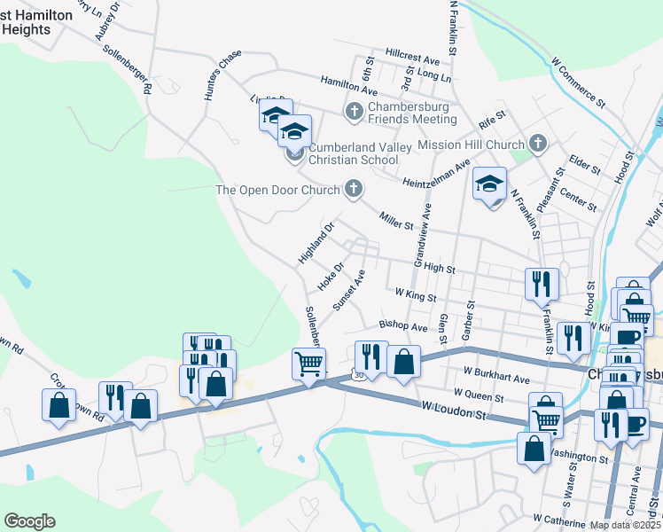 map of restaurants, bars, coffee shops, grocery stores, and more near 803 Middle Drive in Chambersburg