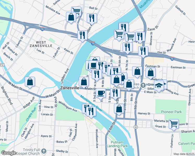 map of restaurants, bars, coffee shops, grocery stores, and more near 62 North 3rd Street in Zanesville