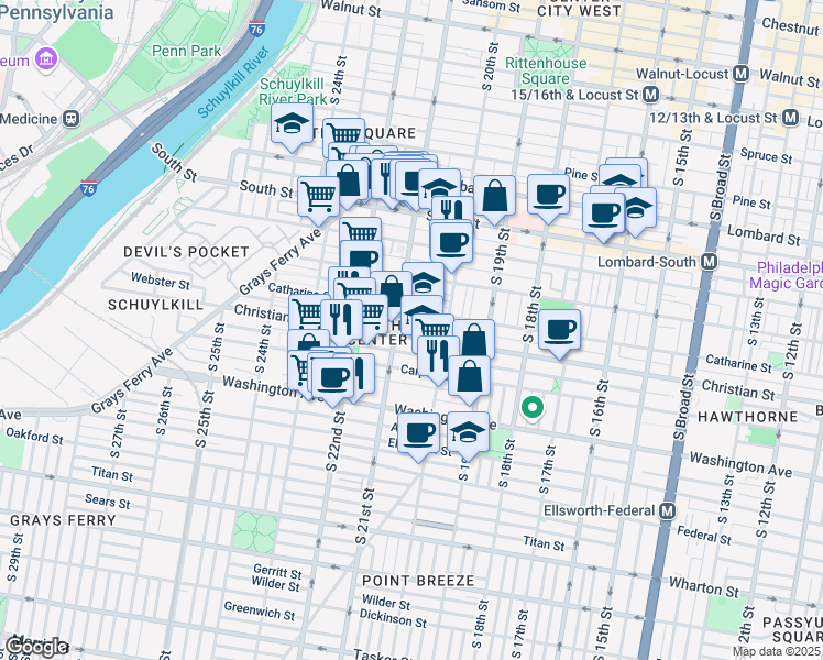 map of restaurants, bars, coffee shops, grocery stores, and more near 2037 Christian Street in Philadelphia