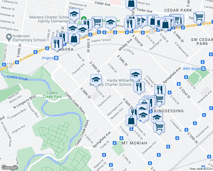 map of restaurants, bars, coffee shops, grocery stores, and more near 5615 Pentridge Street in Philadelphia