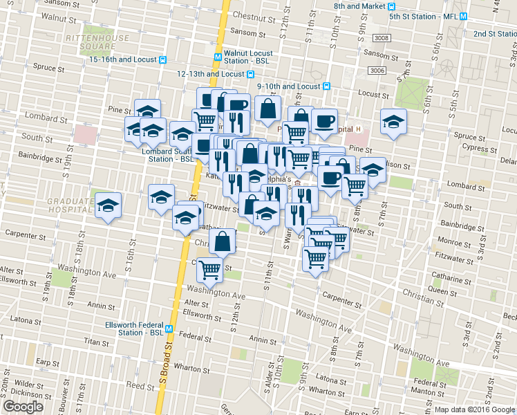 map of restaurants, bars, coffee shops, grocery stores, and more near 725 South 12th Street in Philadelphia