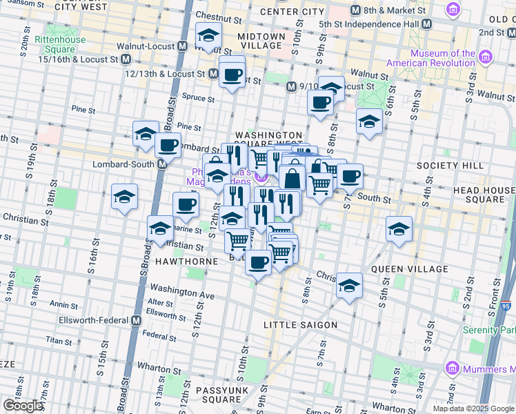 map of restaurants, bars, coffee shops, grocery stores, and more near 713 South Warnock Street in Philadelphia