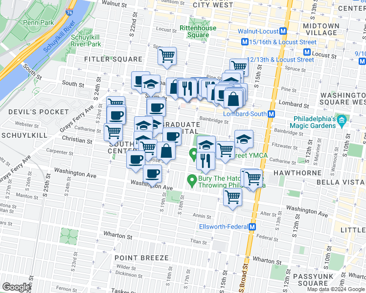 map of restaurants, bars, coffee shops, grocery stores, and more near 1818 Catharine Street in Philadelphia