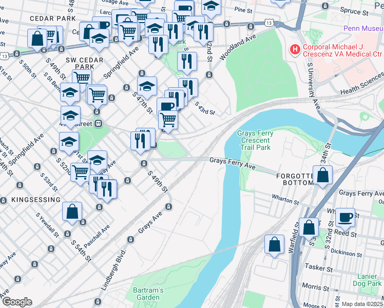 map of restaurants, bars, coffee shops, grocery stores, and more near 1507 South 47th Street in Philadelphia