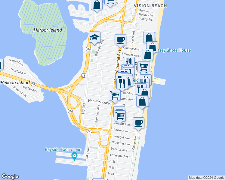 map of restaurants, bars, coffee shops, grocery stores, and more near 211 Blaine Avenue in Seaside Heights