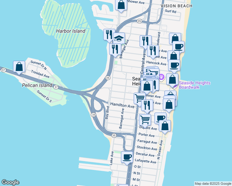 map of restaurants, bars, coffee shops, grocery stores, and more near 602 Bay Boulevard in Seaside Heights
