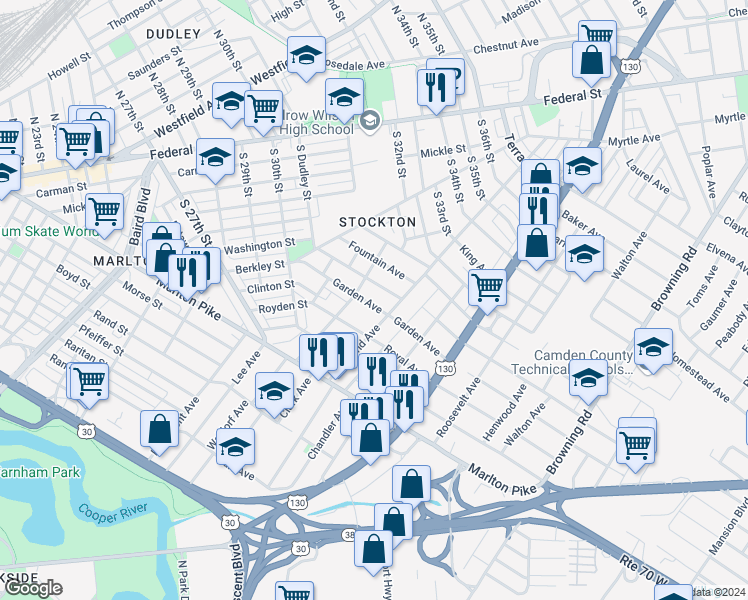 map of restaurants, bars, coffee shops, grocery stores, and more near in Camden