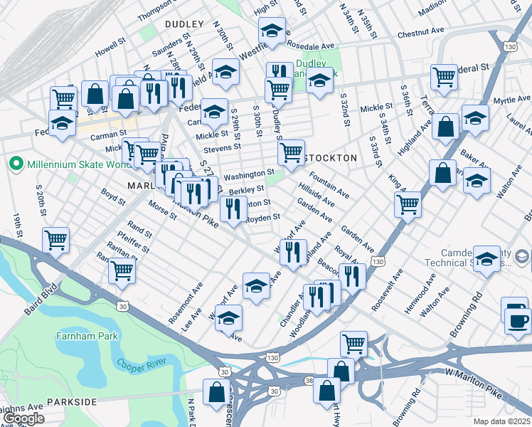 map of restaurants, bars, coffee shops, grocery stores, and more near 2938 Clinton Street in Camden