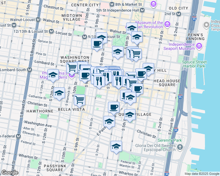 map of restaurants, bars, coffee shops, grocery stores, and more near 607 South 7th Street in Philadelphia