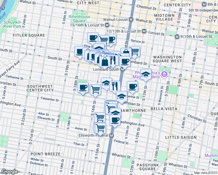 map of restaurants, bars, coffee shops, grocery stores, and more near 1510 Fitzwater Street in Philadelphia