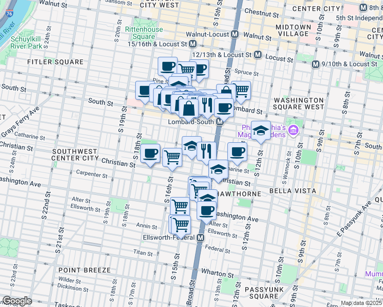 map of restaurants, bars, coffee shops, grocery stores, and more near 1510 Fitzwater Street in Philadelphia
