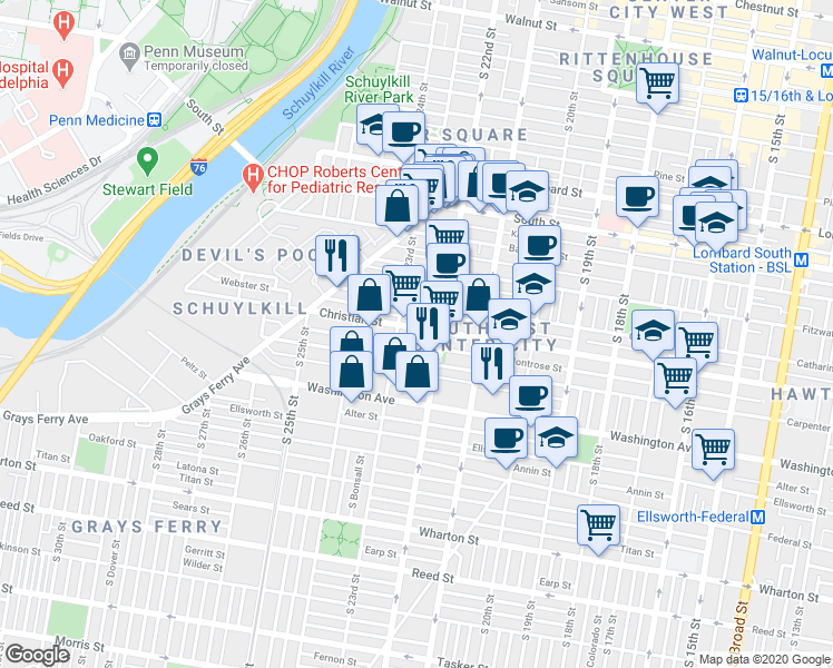 map of restaurants, bars, coffee shops, grocery stores, and more near 2212 Madison Square in Philadelphia