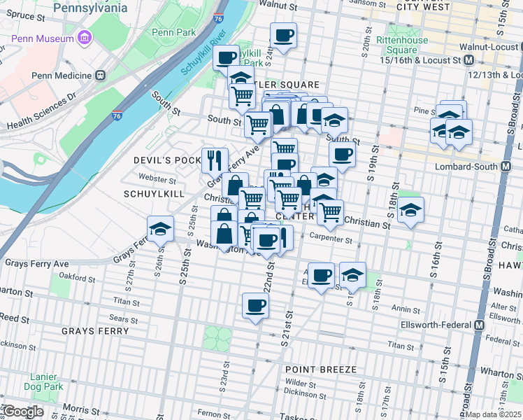 map of restaurants, bars, coffee shops, grocery stores, and more near 2212 Madison Square in Philadelphia