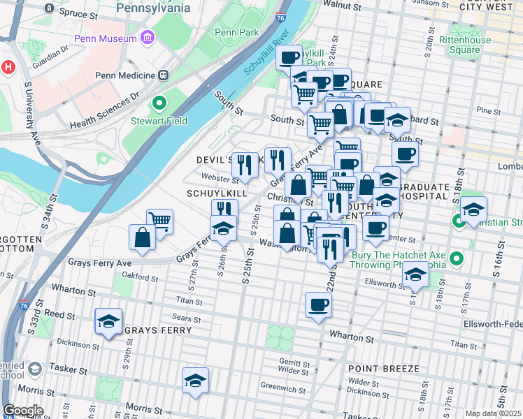 map of restaurants, bars, coffee shops, grocery stores, and more near 908 South 25th Street in Philadelphia