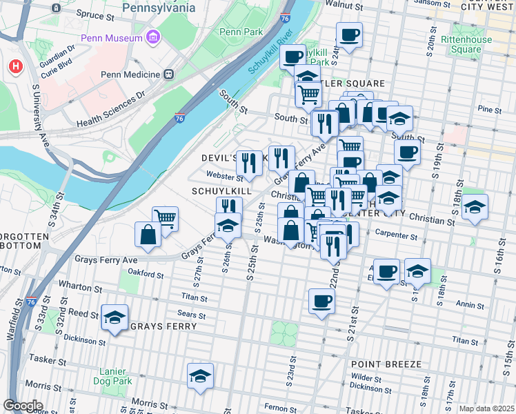 map of restaurants, bars, coffee shops, grocery stores, and more near 924 South 25th Street in Philadelphia