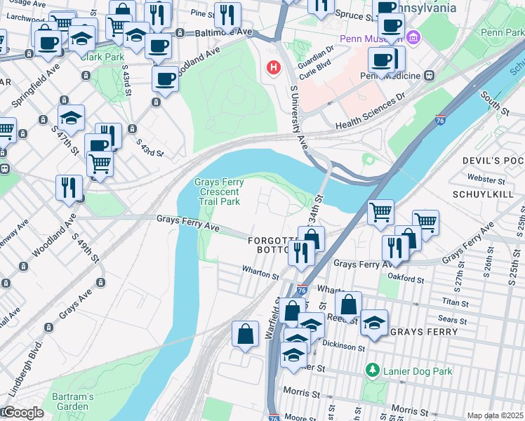 map of restaurants, bars, coffee shops, grocery stores, and more near 3401 Grays Ferry Ave in Philadelphia