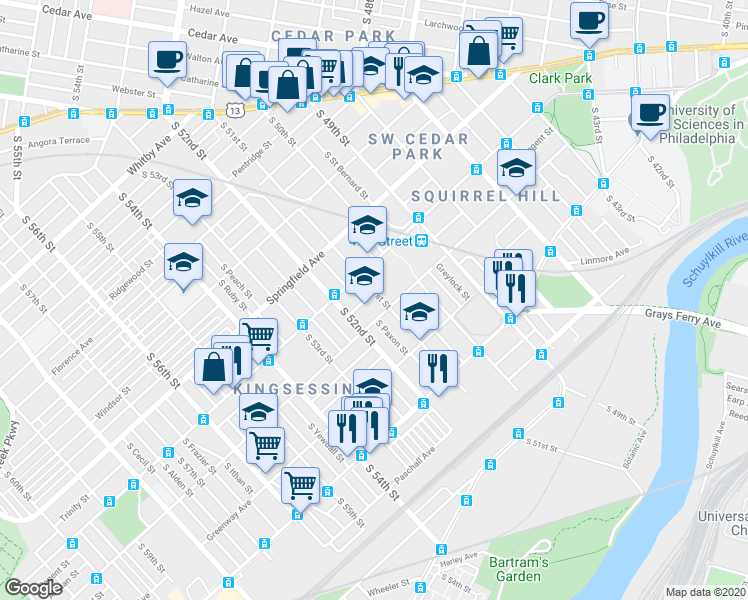 map of restaurants, bars, coffee shops, grocery stores, and more near in Philadelphia