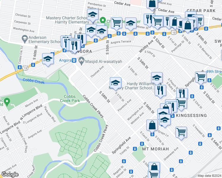 map of restaurants, bars, coffee shops, grocery stores, and more near 5643 Hadfield Street in Philadelphia