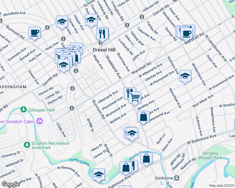map of restaurants, bars, coffee shops, grocery stores, and more near 3225 Albemarle Avenue in Drexel Hill