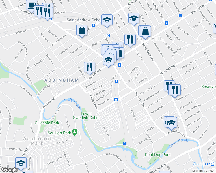map of restaurants, bars, coffee shops, grocery stores, and more near in Drexel Hill