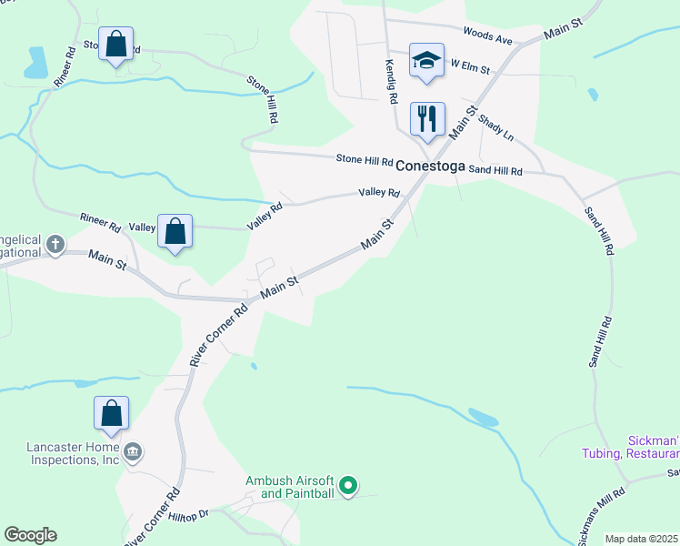 map of restaurants, bars, coffee shops, grocery stores, and more near 3225 Main Street in Conestoga