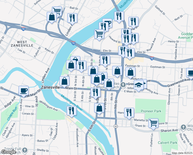 map of restaurants, bars, coffee shops, grocery stores, and more near 601 Market Street in Zanesville