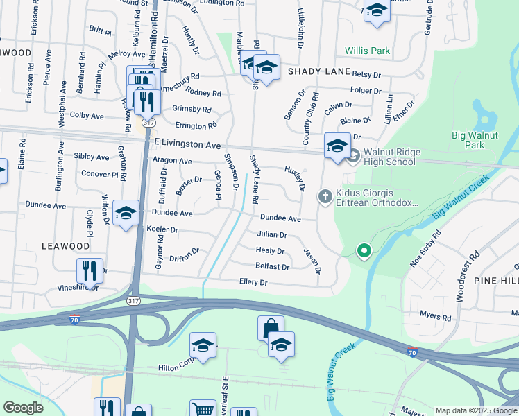 map of restaurants, bars, coffee shops, grocery stores, and more near 4656 Shady Lane Court in Columbus