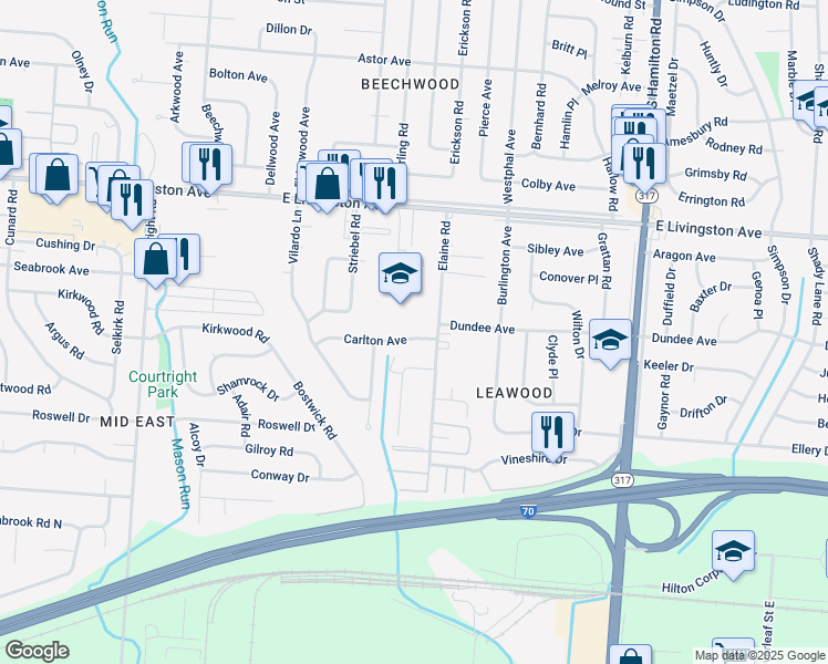 map of restaurants, bars, coffee shops, grocery stores, and more near 1555 Elaine Road in Columbus