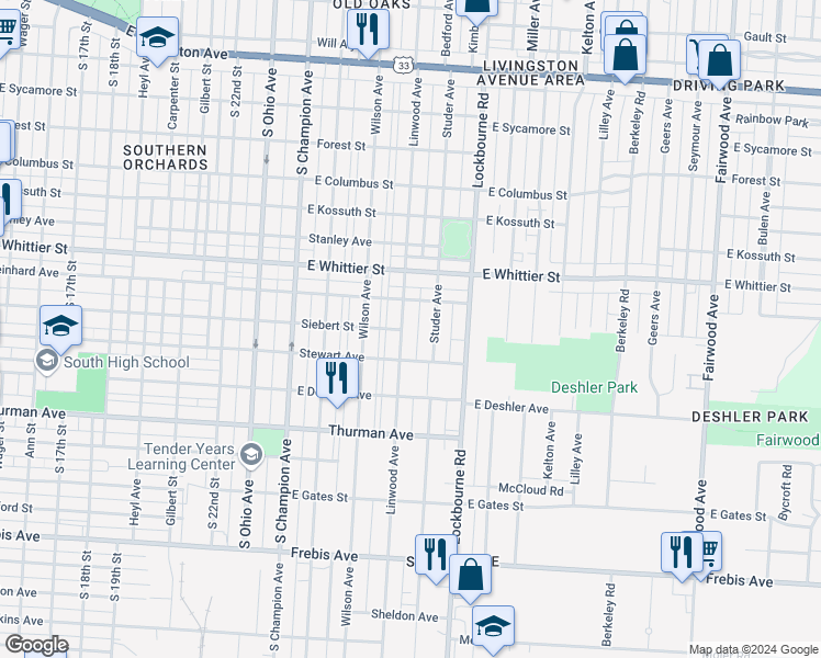 map of restaurants, bars, coffee shops, grocery stores, and more near 1153 Linwood Avenue in Columbus