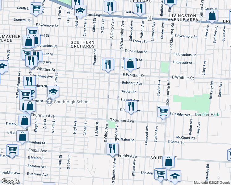 map of restaurants, bars, coffee shops, grocery stores, and more near 1133 South Champion Avenue in Columbus