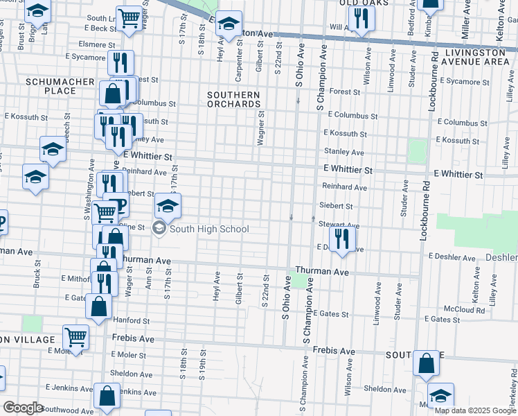 map of restaurants, bars, coffee shops, grocery stores, and more near 834 Siebert Street in Columbus