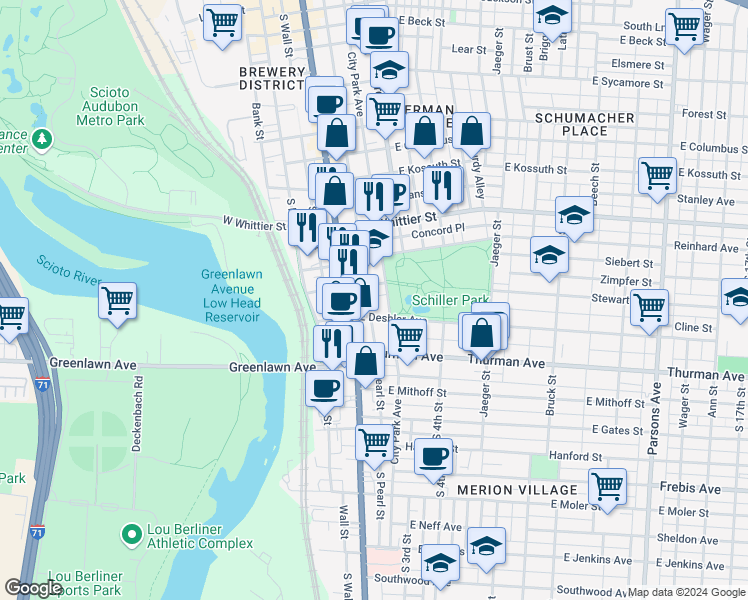 map of restaurants, bars, coffee shops, grocery stores, and more near in Columbus