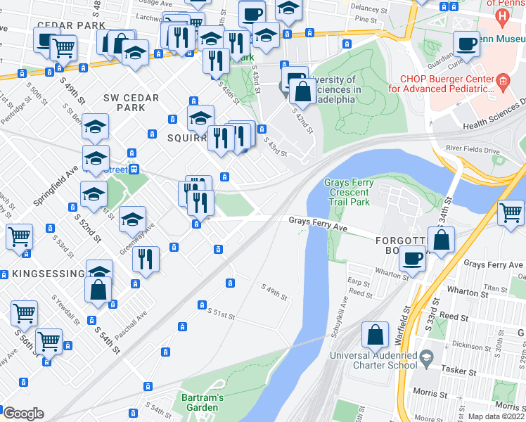 map of restaurants, bars, coffee shops, grocery stores, and more near 1505 South 47th Street in Philadelphia