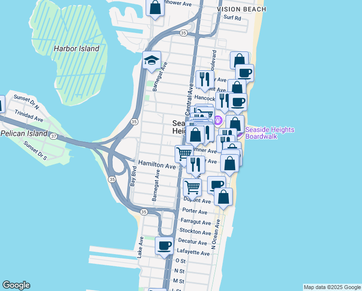 map of restaurants, bars, coffee shops, grocery stores, and more near 211 Blaine Avenue in Seaside Heights