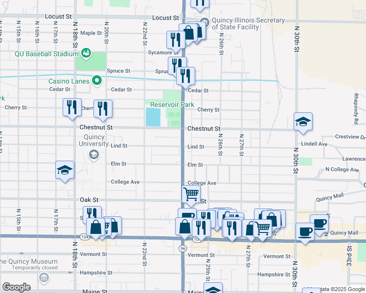 map of restaurants, bars, coffee shops, grocery stores, and more near 900 North 24th Street in Quincy