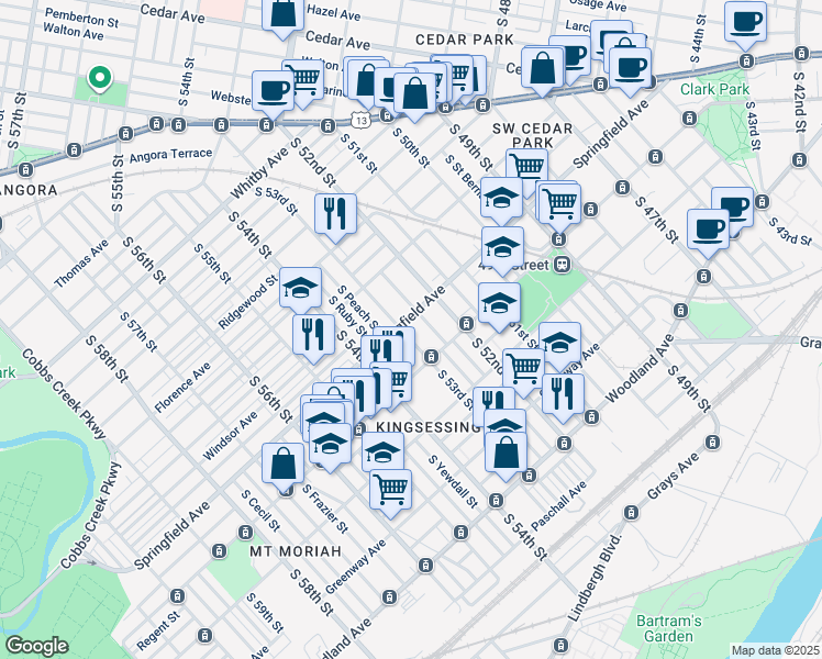 map of restaurants, bars, coffee shops, grocery stores, and more near 1307 South 53rd Street in Philadelphia