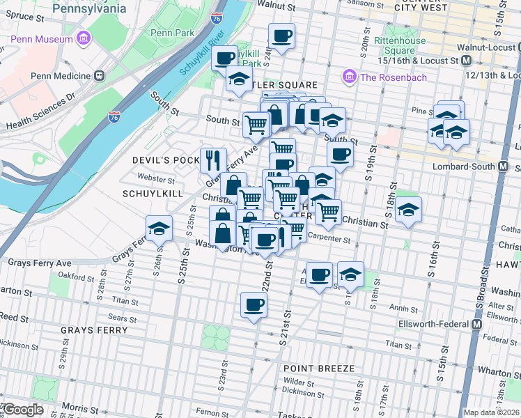 map of restaurants, bars, coffee shops, grocery stores, and more near 2232 Christian Street in Philadelphia