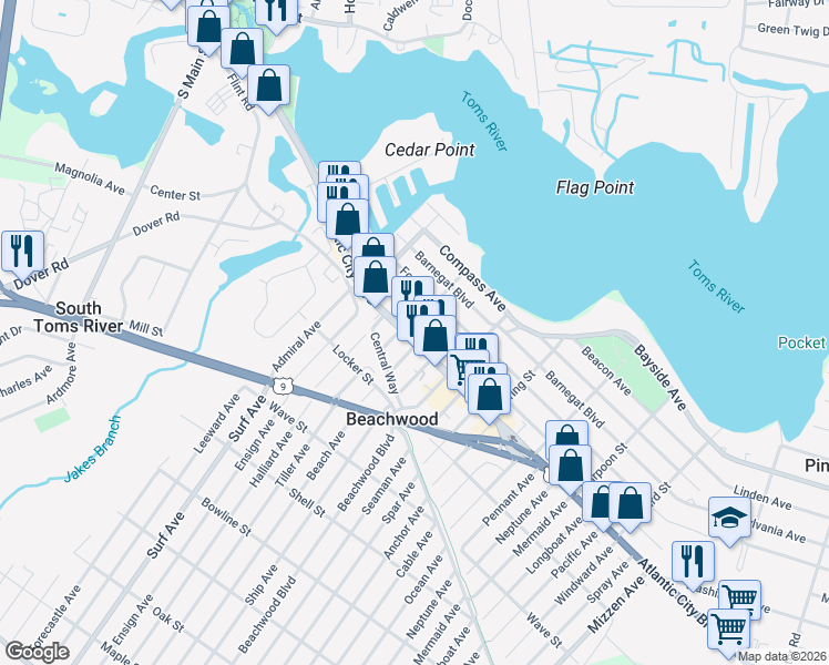map of restaurants, bars, coffee shops, grocery stores, and more near 203 Atlantic City Boulevard in Beachwood