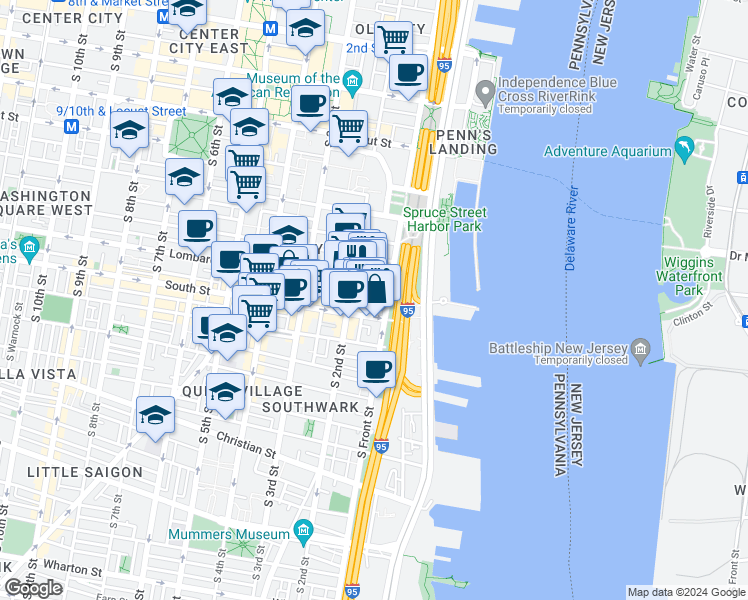 map of restaurants, bars, coffee shops, grocery stores, and more near 110 Naudain Street in Philadelphia