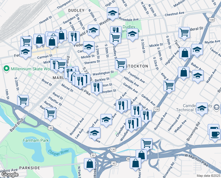map of restaurants, bars, coffee shops, grocery stores, and more near 2938 Clinton Street in Camden