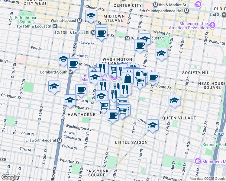 map of restaurants, bars, coffee shops, grocery stores, and more near 713 South Warnock Street in Philadelphia